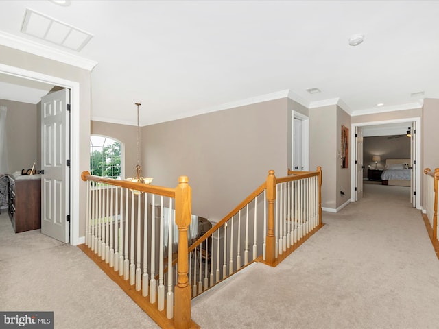 14228 Golden Hook Rd, Boyds, MD 20841 - corridor with an upstairs landing, carpet flooring, and crown molding