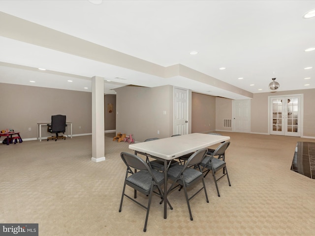 14228 Golden Hook Rd, Boyds, MD 20841 - dining area with light colored carpet, recessed lighting, french doors, and a desk
