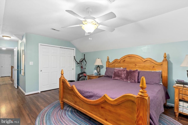 69 Cardinal Forest Dr, Fredericksburg, VA 22406 - bedroom with wood finished floors, a closet, vaulted ceiling, and ceiling fan