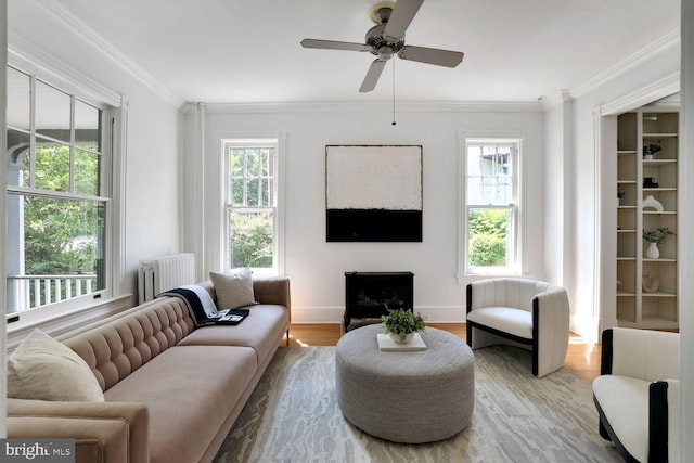 1329 Delafield Pl NW, Washington, DC 20011 - living room featuring radiator heating unit, plenty of natural light, crown molding, wood finished floors, and ceiling fan
