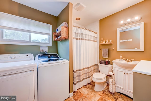 67 Neptune Ln, Levittown, PA 19054 - full bath with washing machine and dryer, vanity, and a shower with shower curtain