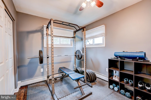 67 Neptune Ln, Levittown, PA 19054 - workout room featuring ceiling fan and a baseboard radiator