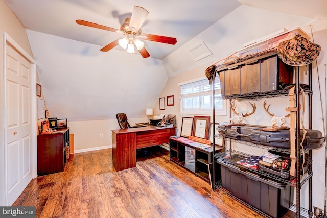 67 Neptune Ln, Levittown, PA 19054 - office area with lofted ceiling, a ceiling fan, and wood finished floors