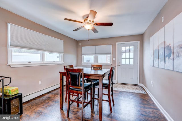 67 Neptune Ln, Levittown, PA 19054 - dining room with a baseboard radiator, a ceiling fan, and dark wood-type flooring