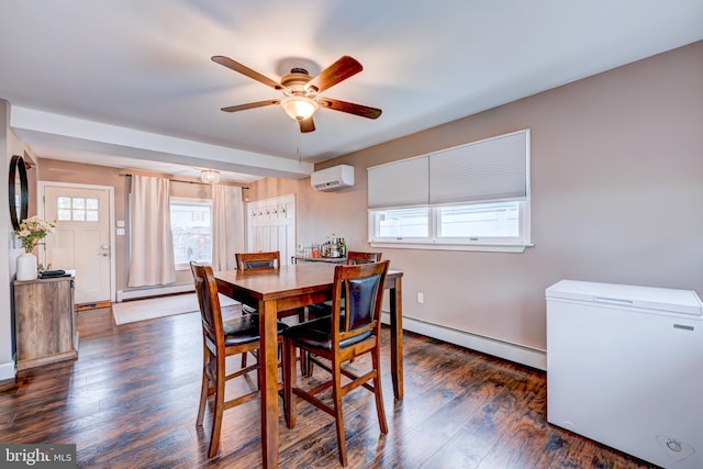 67 Neptune Ln, Levittown, PA 19054 - dining room featuring a baseboard radiator, a ceiling fan, a wall unit AC, and dark wood-style floors