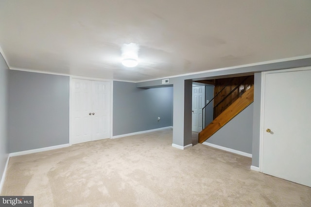 6 Carroll Rd, Catonsville, MD 21228 - finished below grade area with carpet, ornamental molding, and stairway