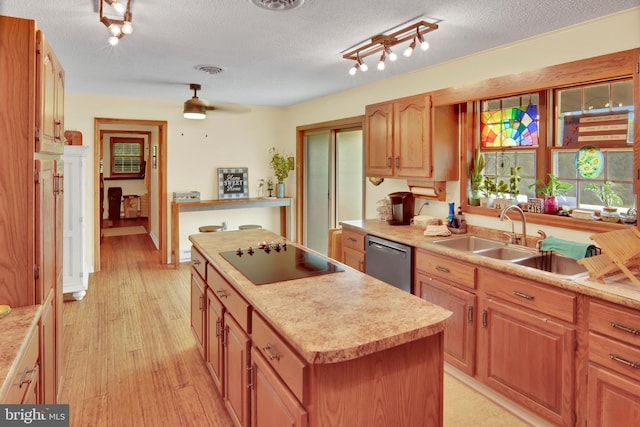 20412 Holt Cir, Hagerstown, MD 21742 - kitchen featuring black electric cooktop, dishwasher, rail lighting, a kitchen island, and a textured ceiling