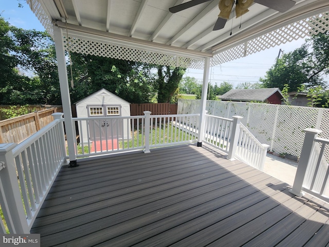 2258 Arlington Ter, Alexandria, VA 22303 - deck featuring a fenced backyard, ceiling fan, and a shed