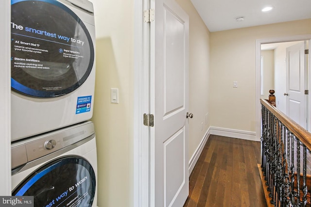 244 N Rose St, Baltimore, MD 21224 - laundry room with stacked washer / drying machine, dark wood-style flooring, and recessed lighting