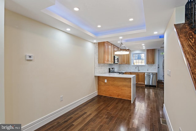 244 N Rose St, Baltimore, MD 21224 - kitchen featuring stainless steel appliances, a tray ceiling, a peninsula, dark wood-type flooring, and tasteful backsplash
