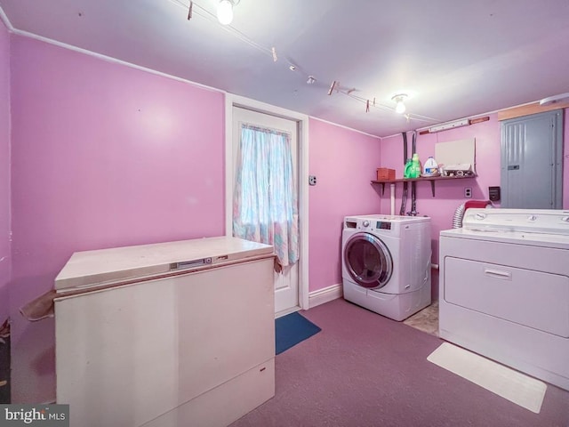 237 Lakeside Dr Unit N, Levittown, PA 19054 - washroom featuring washing machine and dryer, electric panel, and carpet flooring
