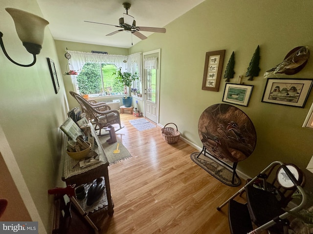 18 Benedict Rd, Lancaster, PA 17603 - living area with wood finished floors, a ceiling fan, and vaulted ceiling