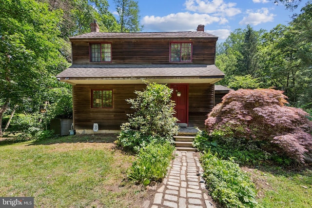 361 E Knowlton Rd, Media, PA 19063 - log home with a porch, a chimney, and a front yard
