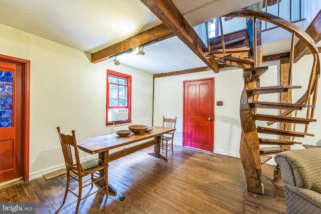 361 E Knowlton Rd, Media, PA 19063 - dining room featuring stairway, dark wood-type flooring, beamed ceiling, and track lighting