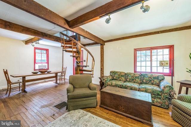 361 E Knowlton Rd, Media, PA 19063 - living room with beam ceiling, hardwood / wood-style flooring, stairs, and cooling unit