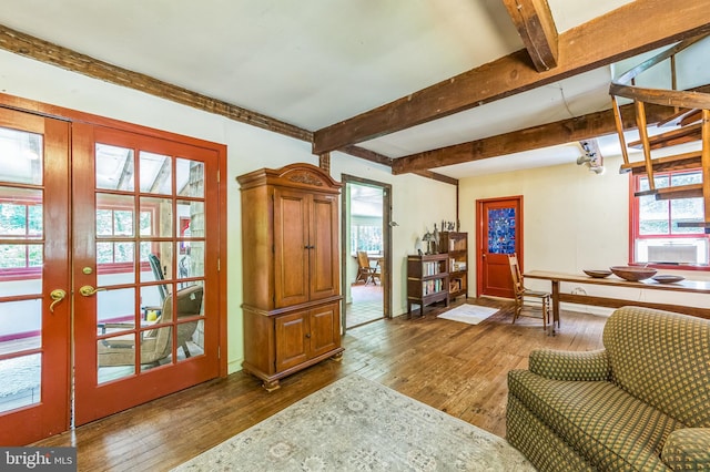 361 E Knowlton Rd, Media, PA 19063 - living area featuring dark wood-style flooring, healthy amount of natural light, beamed ceiling, and french doors