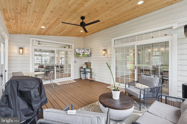 18416 Mill Run Ct, Leesburg, VA 20176 - wooden deck with outdoor lounge area, ceiling fan, and a grill