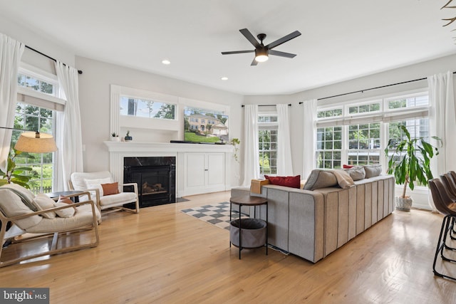 18416 Mill Run Ct, Leesburg, VA 20176 - living room with a premium fireplace, plenty of natural light, light wood-style flooring, and recessed lighting