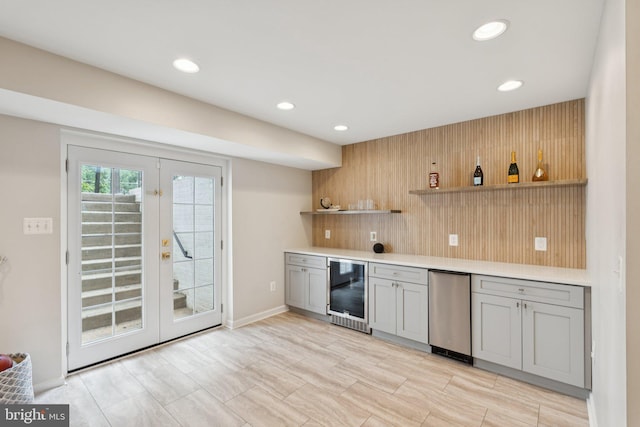 18416 Mill Run Ct, Leesburg, VA 20176 - indoor dry bar featuring beverage cooler, recessed lighting, backsplash, and french doors