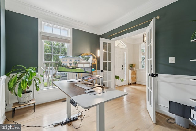 18416 Mill Run Ct, Leesburg, VA 20176 - office with ornamental molding, wainscoting, wood finished floors, and french doors