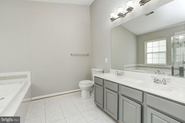 7041 Water Oak Rd Unit 42, Elkridge, MD 21075 - bathroom featuring a garden tub, tile patterned flooring, double vanity, and a shower with shower door