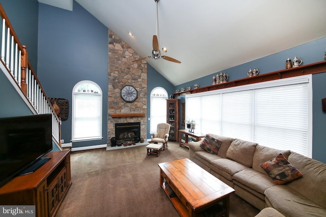 2553 Stone Hill Rd, Harleysville, PA 19438 - living room with ceiling fan, carpet flooring, high vaulted ceiling, a fireplace, and stairway