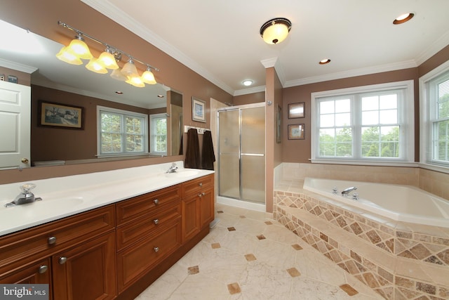 2553 Stone Hill Rd, Harleysville, PA 19438 - full bath featuring healthy amount of natural light, a bath, a stall shower, double vanity, and ornamental molding