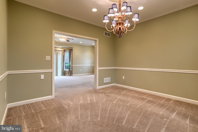 395 Olde Meadow Ln, Lebanon, PA 17042 - spare room featuring carpet flooring, a chandelier, recessed lighting, ornamental molding, and a ceiling fan