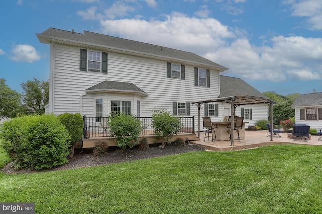 395 Olde Meadow Ln, Lebanon, PA 17042 - rear view of property with a pergola, a wooden deck, a lawn, a patio, and roof with shingles