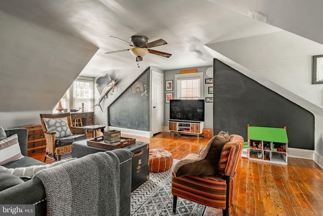 227 Ruby St, Lancaster, PA 17603 - living area with hardwood / wood-style floors, healthy amount of natural light, ceiling fan, and vaulted ceiling