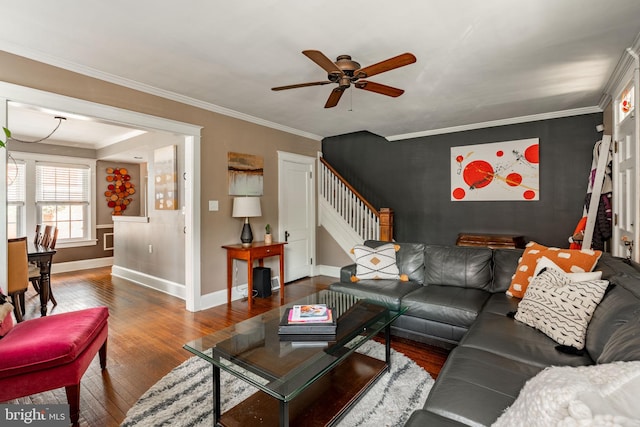 227 Ruby St, Lancaster, PA 17603 - living area with stairway, hardwood / wood-style floors, ceiling fan, and crown molding
