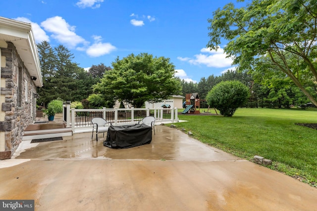 352 Concord Rd, Glen Mills, PA 19342 - view of patio with a playground, area for grilling, and view of wooded area
