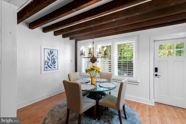 67 W Ferry St, New Hope, PA 18938 - dining space featuring a chandelier, wood finished floors, and beamed ceiling