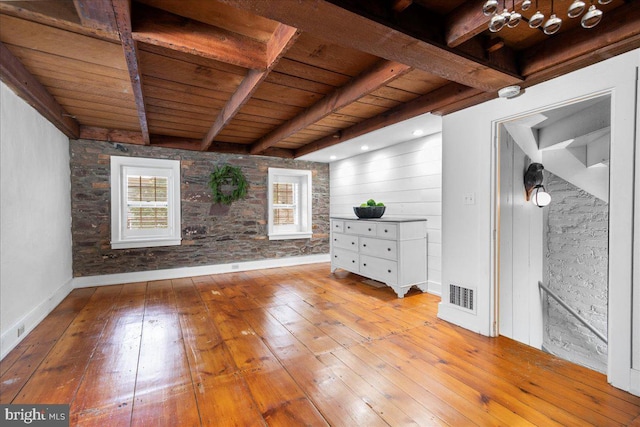 67 W Ferry St, New Hope, PA 18938 - spare room featuring a wooden ceiling with exposed beams, hardwood / wood-style floors, a smoke detector, and a chandelier