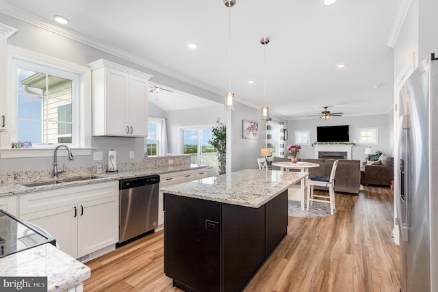 309 Pierson Rd, Lititz, PA 17543 - kitchen with stainless steel appliances, ceiling fan, light wood-style floors, plenty of natural light, and ornamental molding