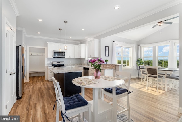 309 Pierson Rd, Lititz, PA 17543 - kitchen featuring appliances with stainless steel finishes, a center island, light wood-type flooring, white cabinetry, and light stone counters