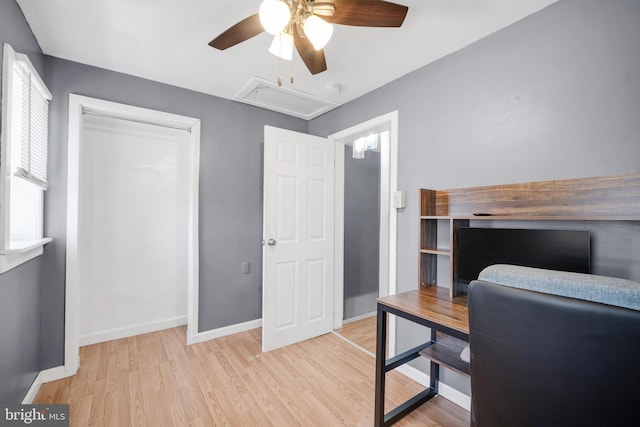 864 Moyer St, Philadelphia, PA 19125 - office area featuring a ceiling fan, attic access, and wood finished floors