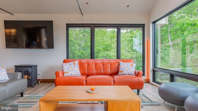 302 Fox Run Rd, Wardensville, WV 26851 - living area featuring a wood stove and wood finished floors