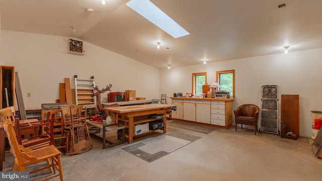 302 Fox Run Rd, Wardensville, WV 26851 - miscellaneous room with a workshop area, unfinished concrete floors, lofted ceiling, and a skylight