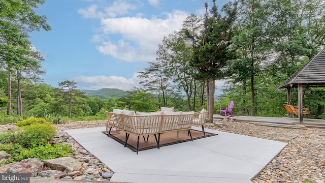 302 Fox Run Rd, Wardensville, WV 26851 - view of patio featuring a gazebo, an outdoor living space, and a mountain view