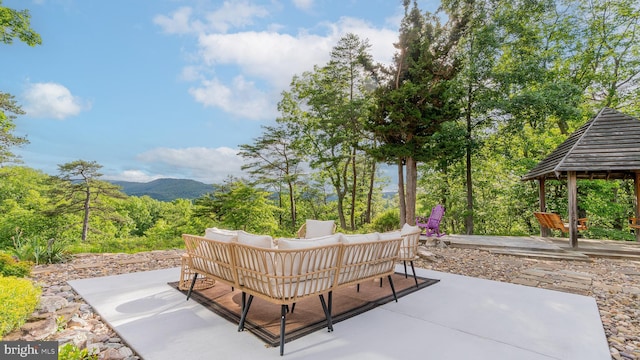 302 Fox Run Rd, Wardensville, WV 26851 - view of patio with a gazebo, an outdoor hangout area, and a mountain view