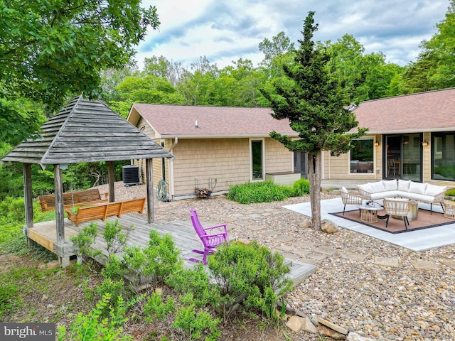 302 Fox Run Rd, Wardensville, WV 26851 - rear view of property with an outdoor hangout area, a wooden deck, a gazebo, and a shingled roof