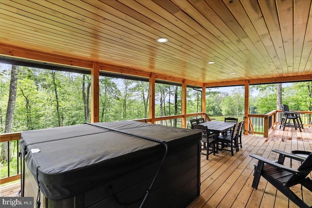 130 Lodestone Way, Mc Henry, MD 21541 - sunroom / solarium featuring outdoor dining area, a hot tub, and view of scattered trees