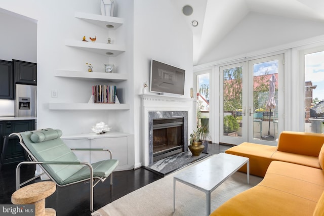 1823 Belmont Rd NW Unit D, Washington, DC 20009 - living area with vaulted ceiling, wood finished floors, a fireplace, built in shelves, and french doors