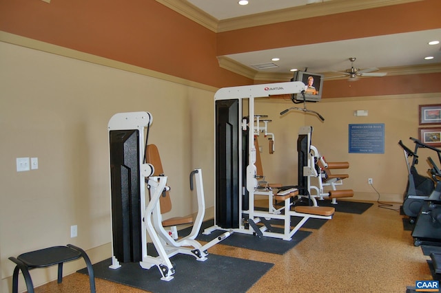 765 Denali Way Unit 204, Charlottesville, VA 22903 - exercise area featuring a ceiling fan, crown molding, and recessed lighting