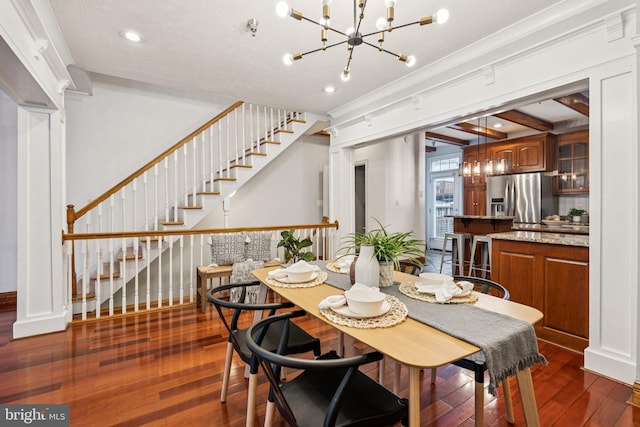 1013 S Decker Ave, Baltimore, MD 21224 - dining area featuring stairs, a chandelier, dark wood-style flooring, and recessed lighting