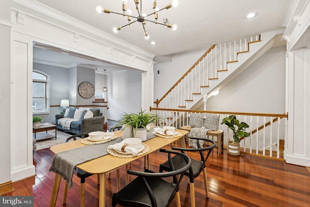1013 S Decker Ave, Baltimore, MD 21224 - dining space with stairway, hardwood / wood-style floors, ornamental molding, a chandelier, and recessed lighting