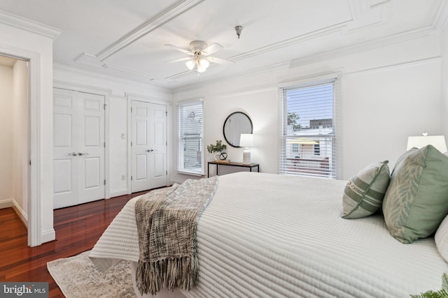 1013 S Decker Ave, Baltimore, MD 21224 - bedroom featuring attic access, wood finished floors, ornamental molding, and a ceiling fan