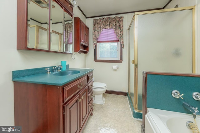 207 E Main St, Penns Grove, NJ 08069 - bathroom featuring a stall shower, vanity, crown molding, and tile patterned floors