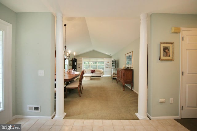 43 Glenview Way E, Gibbsboro, NJ 08026 - hallway featuring ornate columns, a chandelier, carpet floors, and lofted ceiling